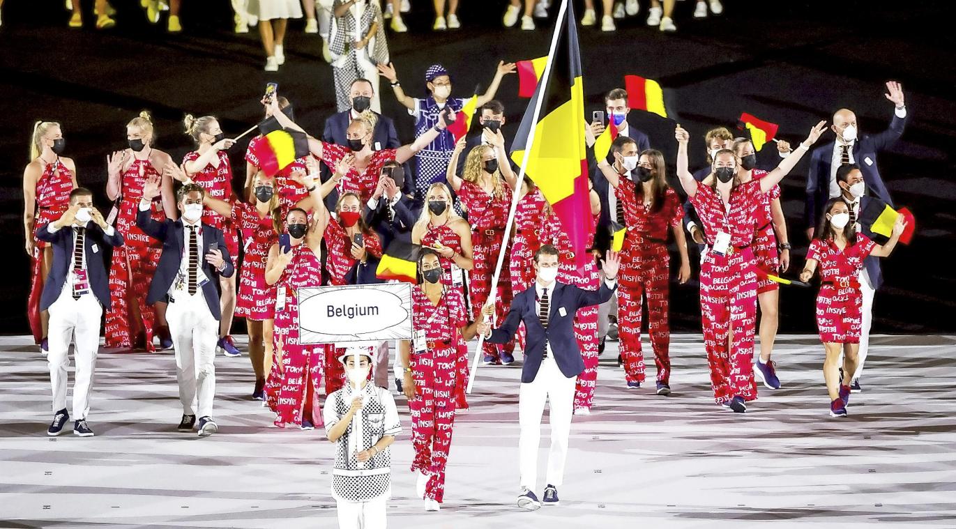 <p>Die belgische Delegation bei der Eröffnungszeremonie der Olympischen Sommerspielen in Tokio: Sieben Medaillengewinnen sprangen am Ende heraus.</p>
