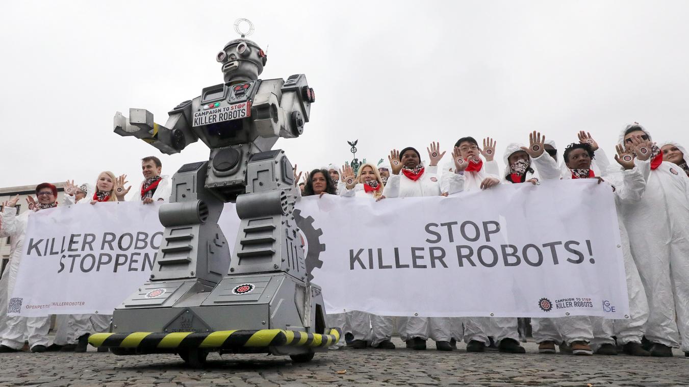 <p>Kampagne in Berlin zum Verbot von sogenannten „Killerrobotern“.</p>