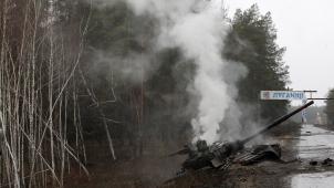 <p>Rauch steigt von einem russischen Panzer auf, der von den ukrainischen Streitkräften am Rande einer Straße in der Region Lugansk zerstört wurde.</p>