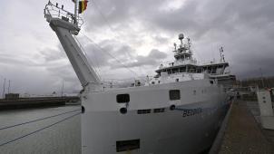 <p>Das neue Forschungsschiff „Belgica“ liegt in Zeebrugge vor Anker.</p>