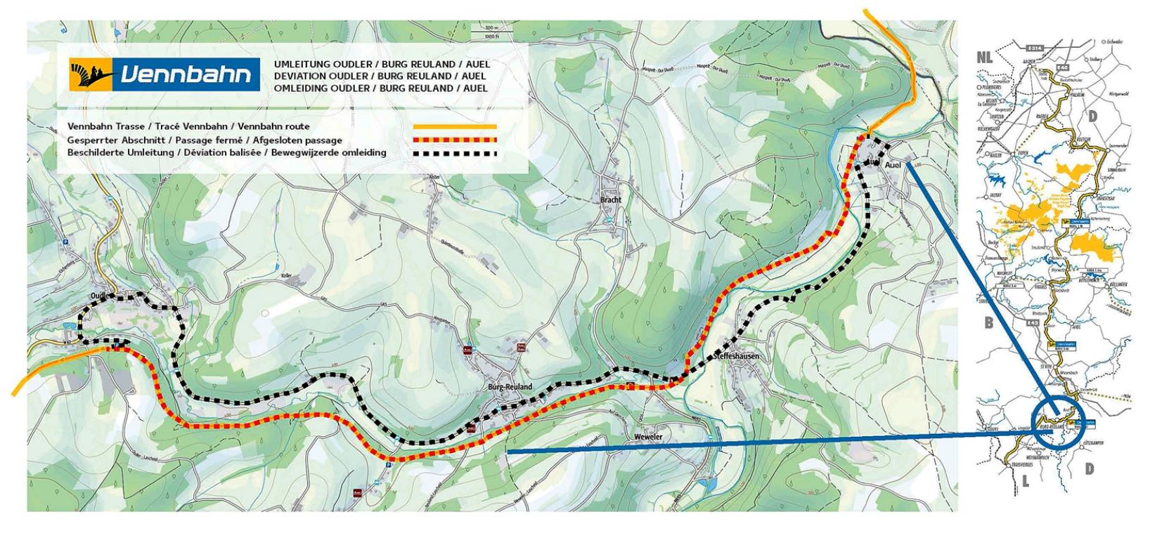 <p>Wegen der Asphaltierungsarbeiten muss der Vennbahn-Radweg zwischen Auel und Oudler zeitweise umgeleitet werden. Karte: Tourismusagentur Ostbelgien</p>