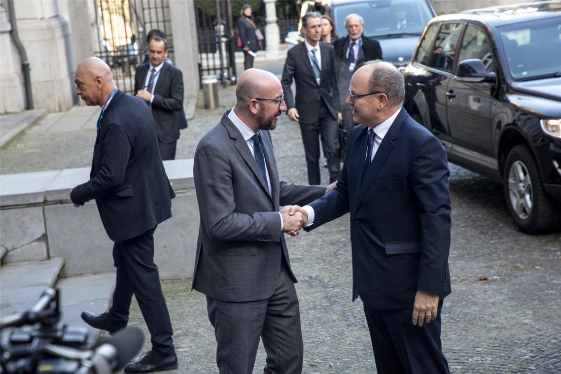 <p>Premier Michel (l.) begrüßt Prinz Albert von Monaco zur Klimakonferenz im Brüsseler Egmontpalast.</p>