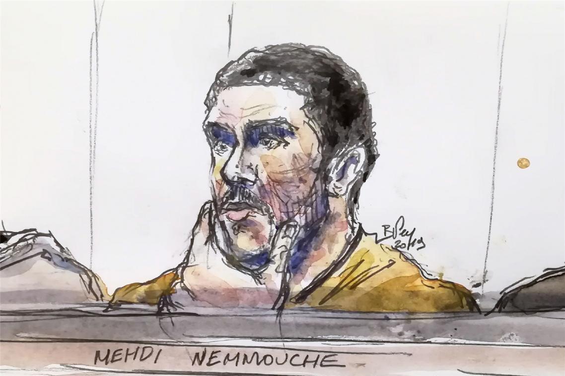 <p>Diese Zeichnung zeigt den Hauptangeklagten Mehdi Nemmouche am letzten Prozesstag auf der Anklagebank. Illustration: Benoit Peyrucq/afp</p>