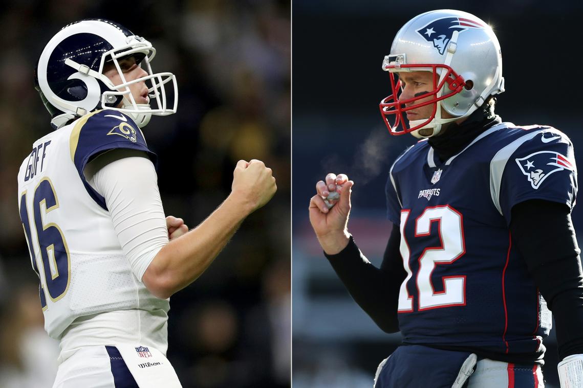 <p>Jared Goff (l.) und die  Los Angeles Rams treffen aus Tom Brady (r.) und die New England Patriots.</p>