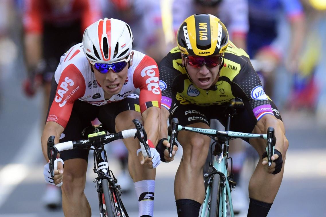 <p>Caleb Ewan (links) lang im Ziel eine Radbreite vor Dylan Groenewegen.</p>