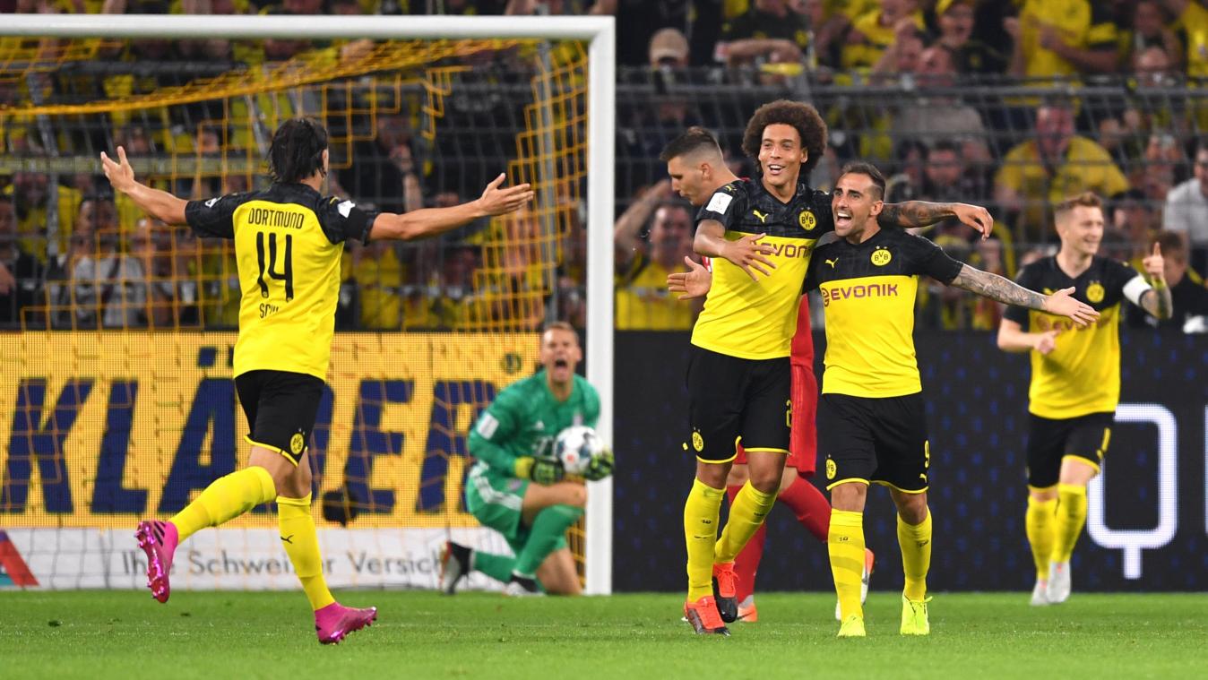 <p>Dortmunds Nico Schulz (l-r), Axel Witsel, Paco Alcacer (Torschütze) und Marco Reus bejubeln das 1:0.</p>