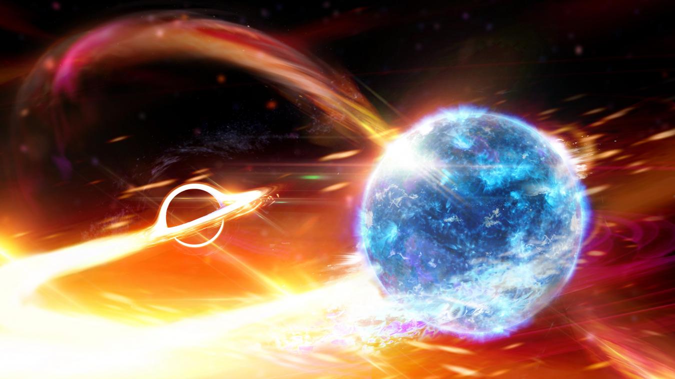 <p>Künstlerische Darstellung eines Schwarzen Lochs, das einen Neutronenstern verschlingt.</p>