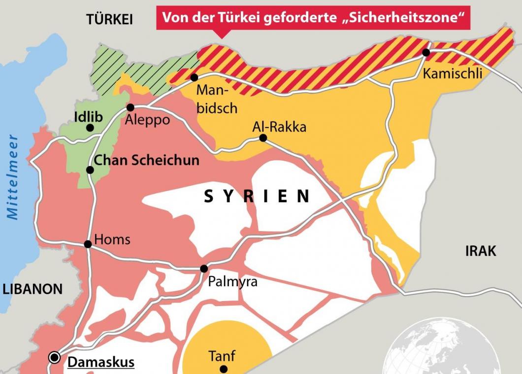 <p>Die geplante sogenannte Sicherheitszone durchtrennt das kurdische Siedlungsgebiet. Rot markiert sind die von Damaskus kontrollierten, grün die von Rebellen gehaltenen Gebiete. Die grün-schwrz schraffierte Zone ist die von der Türkei besetzte Region Afrin.</p>
