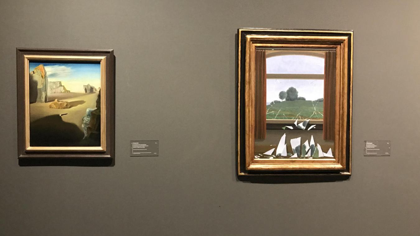 <p>Ein Gemälde (links) von Salvador Dali hängt neben einem Gemälde von Rene Magritte im Magritte-Museum. Mit „Salvador Dalí &amp; René Magritte“ stellen die Königlichen Museen der Schönen Künste in Belgien erstmals die beiden großen Surrealisten gegenüber.</p>