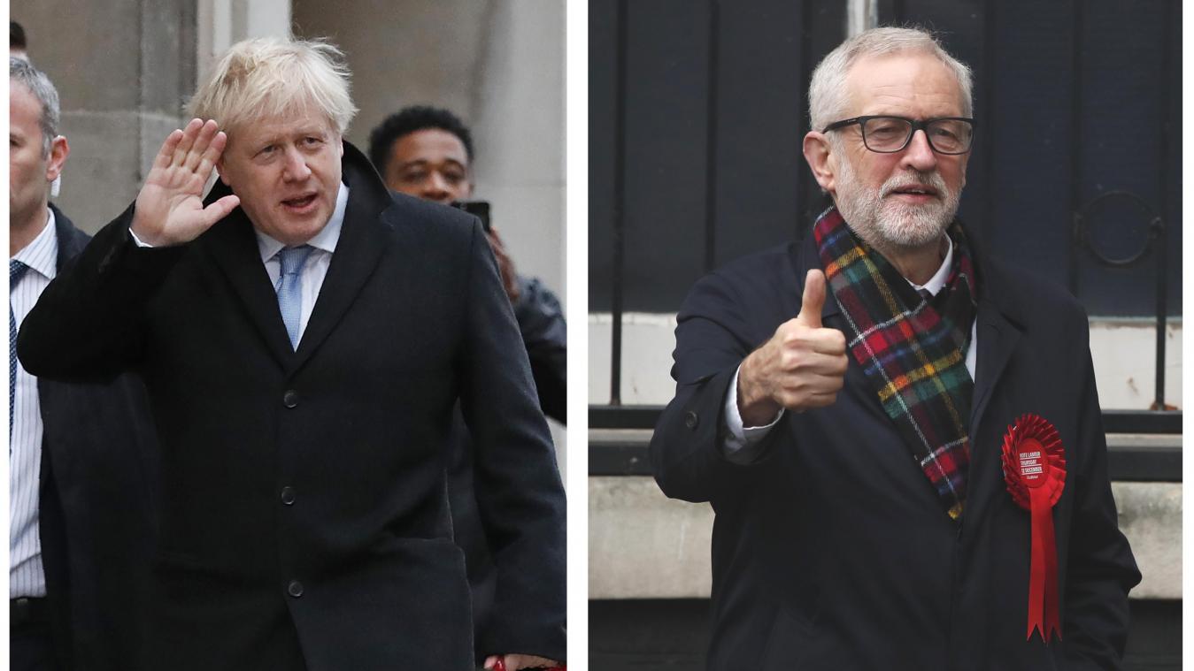<p>Die Bildkombo zeigt links Premierminister Boris Johnson von der Conservative Party und rechts seinen Herausforderer Jeremy Corbyn, Vorsitzender der Labour Party, beide stehen jeweils vor ihren Wahllokalen.</p>