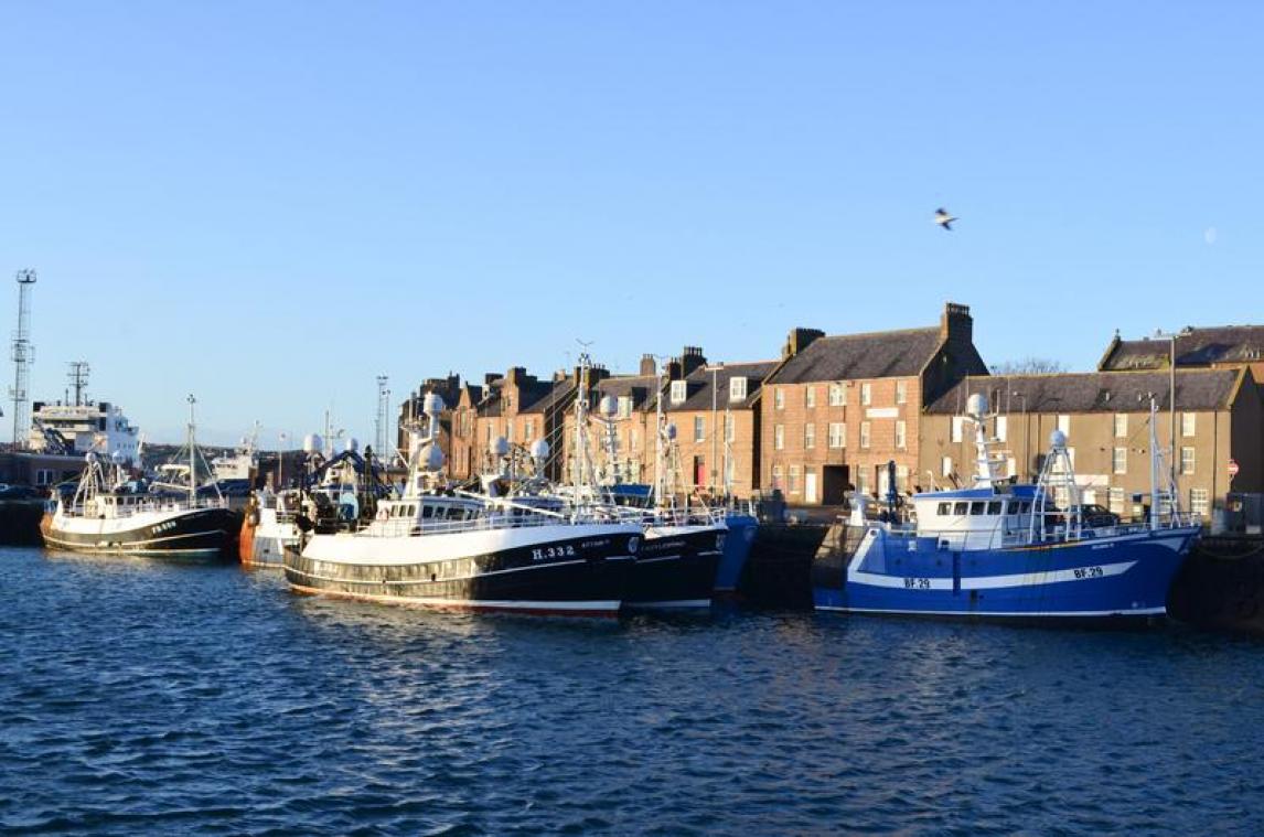 <p>Fischerboote liegen im Hafen von Peterhead, Großbritannien.</p>