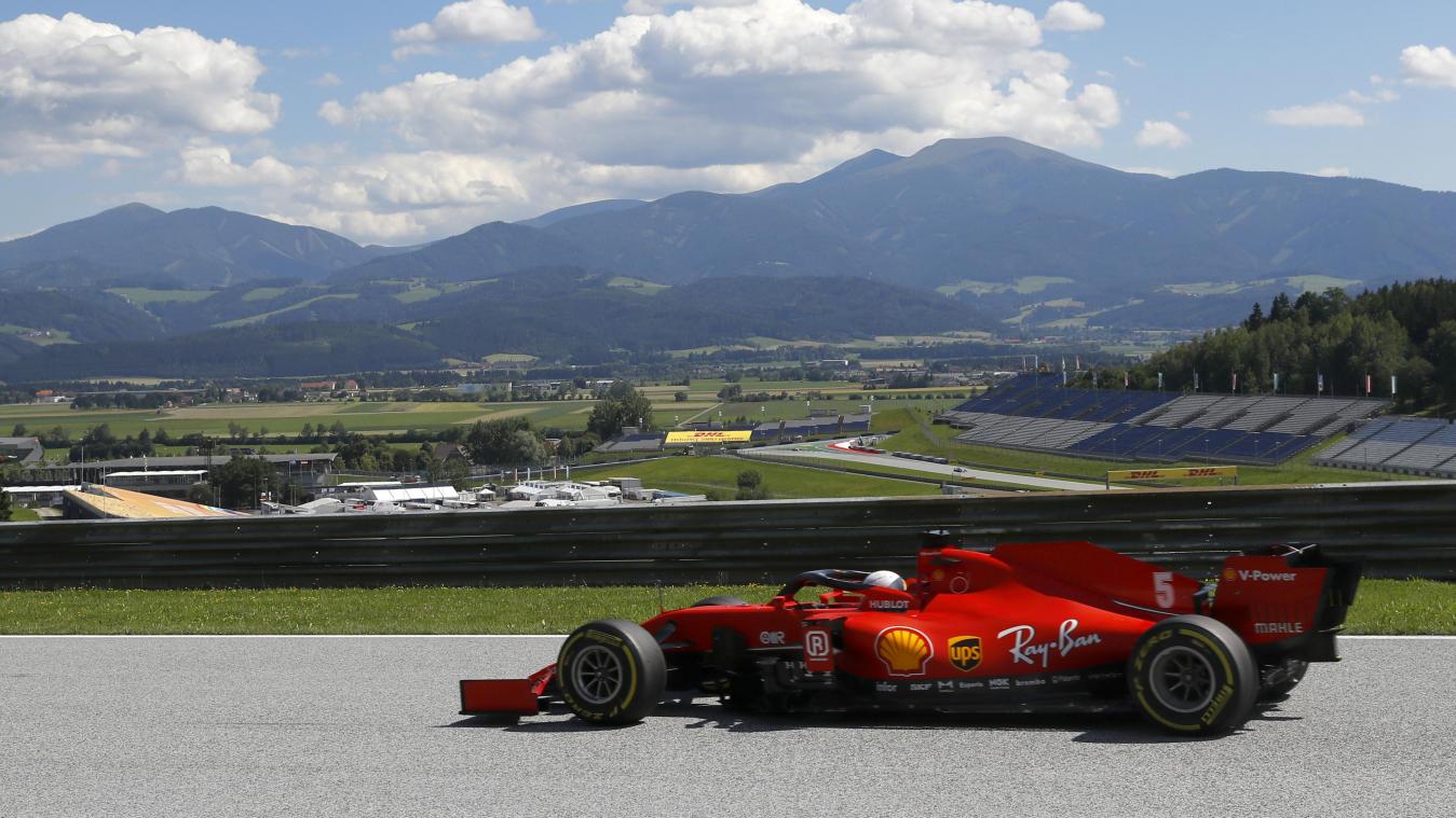 <p>Sebastian Vettel aus Deutschland vom Team Ferrari steuert sein Fahrzeug über die Rennstrecke in Österreich.</p>