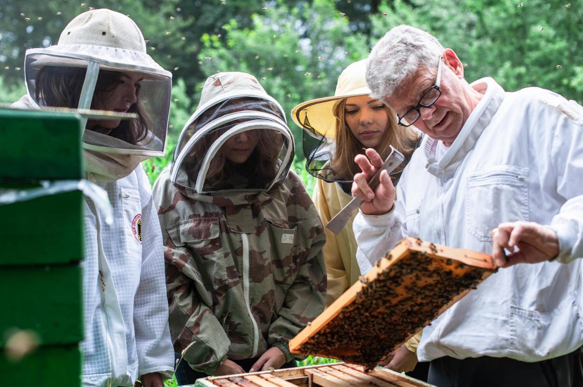 <p>Wenn Imker Henri Gelissen aus Rocherath-Krinkelt (rechts) Erklärungen zu seinen Bienen gibt, schauen Nina, Karina und Annika Brüls (v.l.n.r.) genau hin.</p>