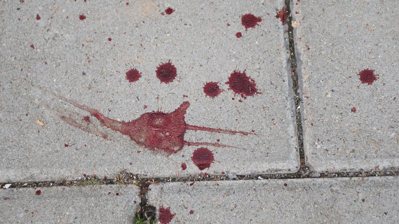 <p>Stolberg: Diese Blutspuren auf einem Gehweg stammen nach einer Zeugenaussage von zwei Männern, die von einem MEK der Polizei festgenommen wurden. Dabei soll es sich um einen Mann gehandelt haben, der eine möglicherweise islamistisch motivierte Attacke gegen einen Autofahrer ausgeführt hatte.</p>