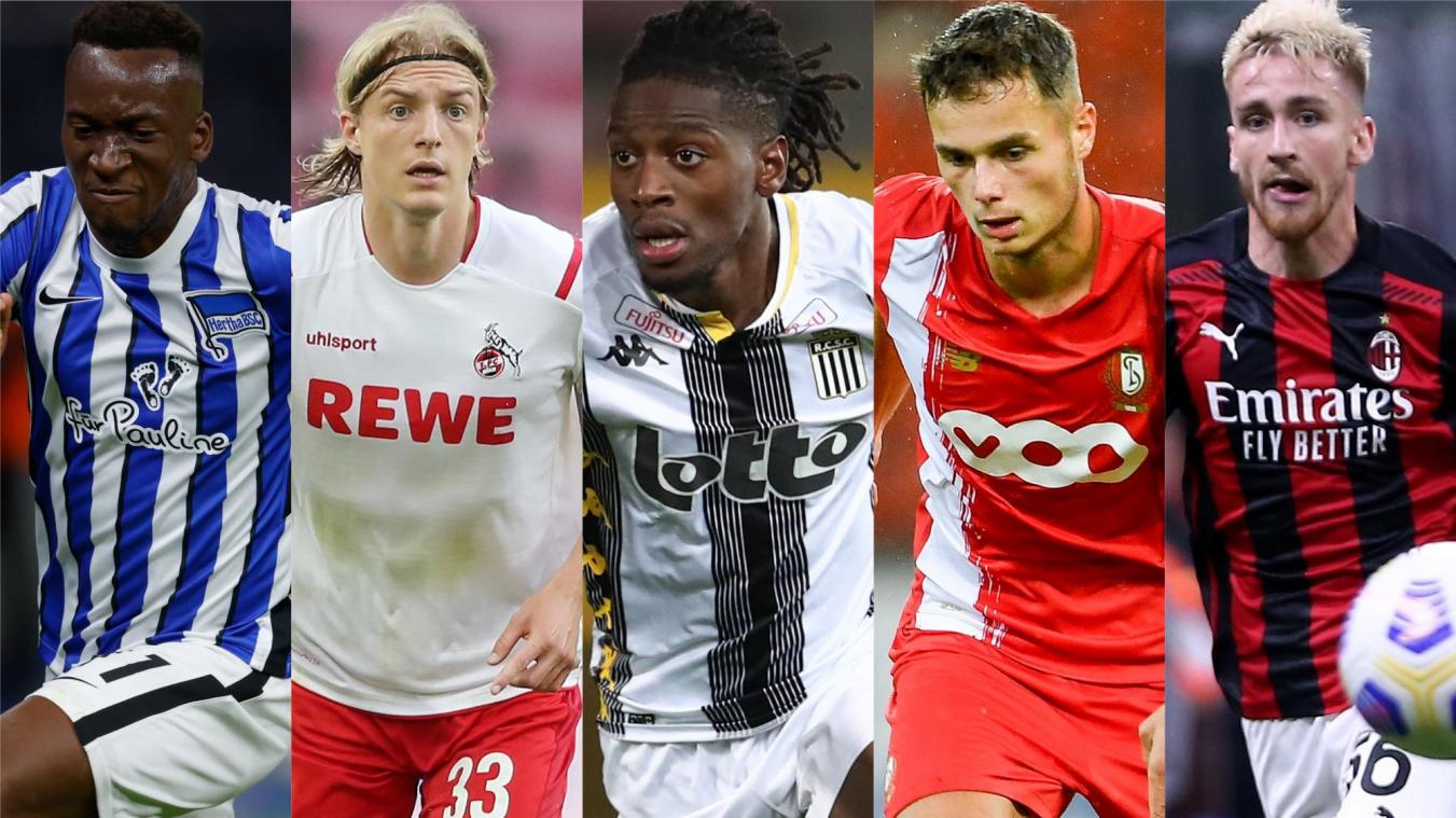 <p>Dodi Lukebakio, Sebastiaan Bornauw, Joris Kayembe, Zinho Vanheusden und Alexis Saelemaekers (v.l.) sind neu im A-Kader der Nationalmannschaft.</p>