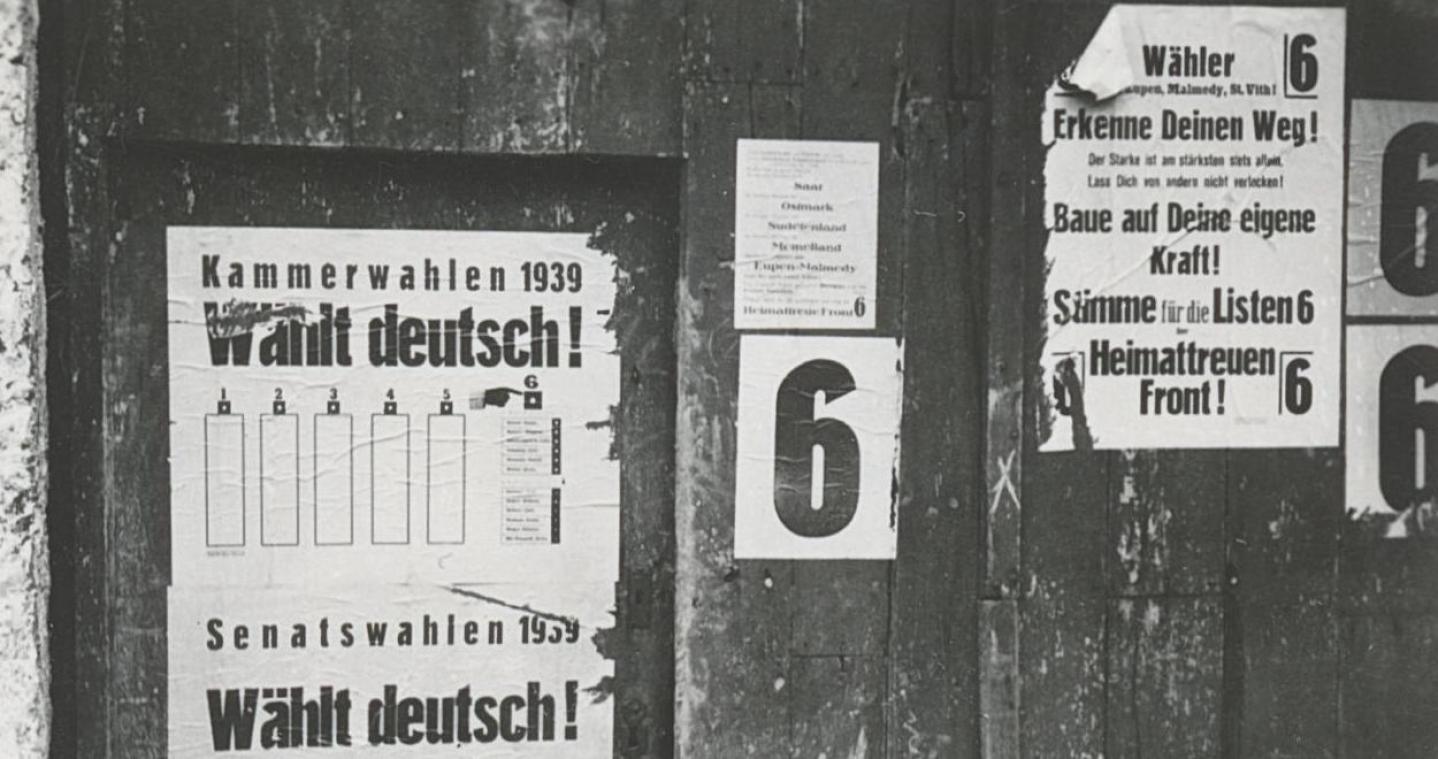 <p>Wahlplakate der Heimattreuen Front für die nationalen Wahlen 1939: Die HF war eine politische Partei in den Ostkantonen, die für die Rückgliederung von Eupen-Malmedy-St.Vith nach Deutschland eintrat.</p>