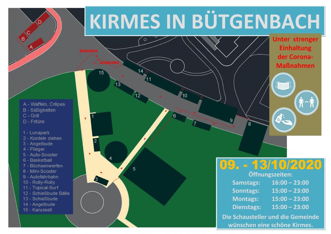 <p>Die Besucher der Kirmes in Bütgenbach müssen sich einem Einbahnsystem anpassen. Rund 15 Schausteller haben ihr Kommen zugesagt. Die Buden schließen allesamt spätestens um 23 Uhr.</p>