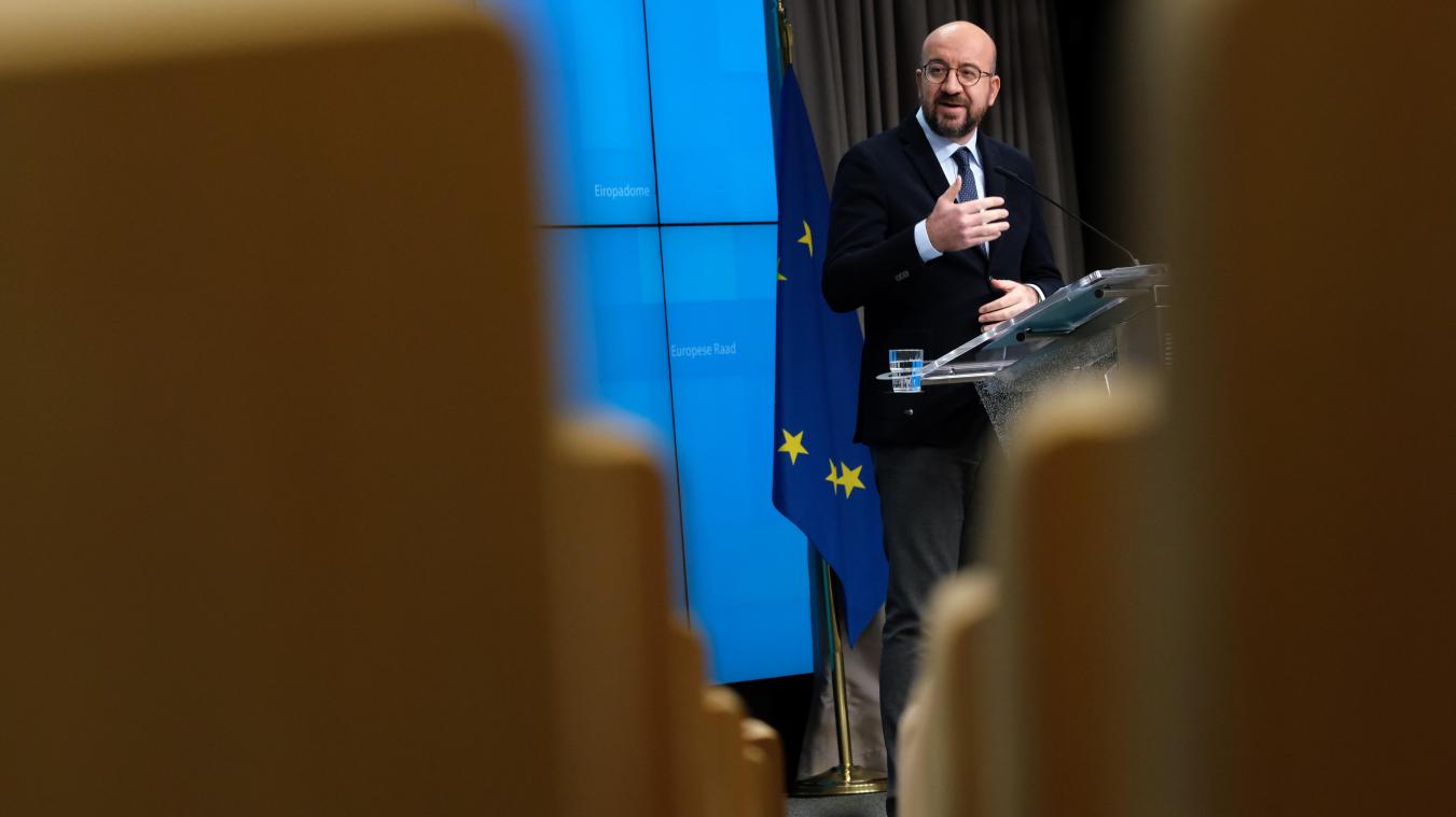 <p>Charles Michel, Präsident des Europäischen Rates, spricht während einer Pressekonferenz nach dem online EU-Sondergipfel der Staats- und Regierungschefs zur Corona-Pandemie.</p>