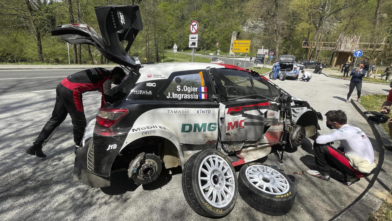 <p>Viel Stress für die Kroatien-Sieger Ogier-Ingrassia nach ihrem Verkehrsunfall eingangs der letzten Tagesetappe, bei dem ihr Toyota arg beschädigt wurde, aber die Fahrt fortsetzen konnte.</p>