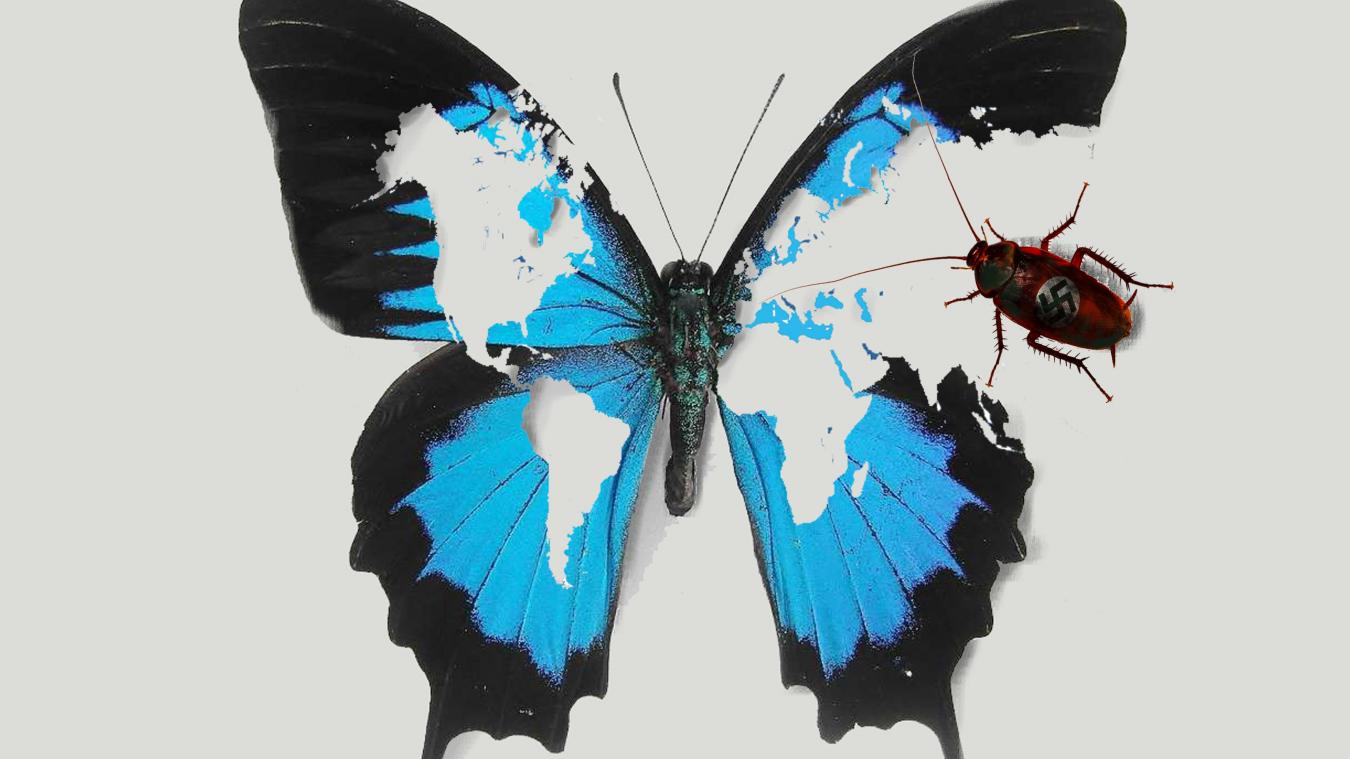 <p>Dieser Cartoon zeigt einen Schmetterling, dessen Flügel die Weltkarte darstellen, die von einer blutroten Kakerlake mit Hakenkreuz zerfressen wird.</p>
