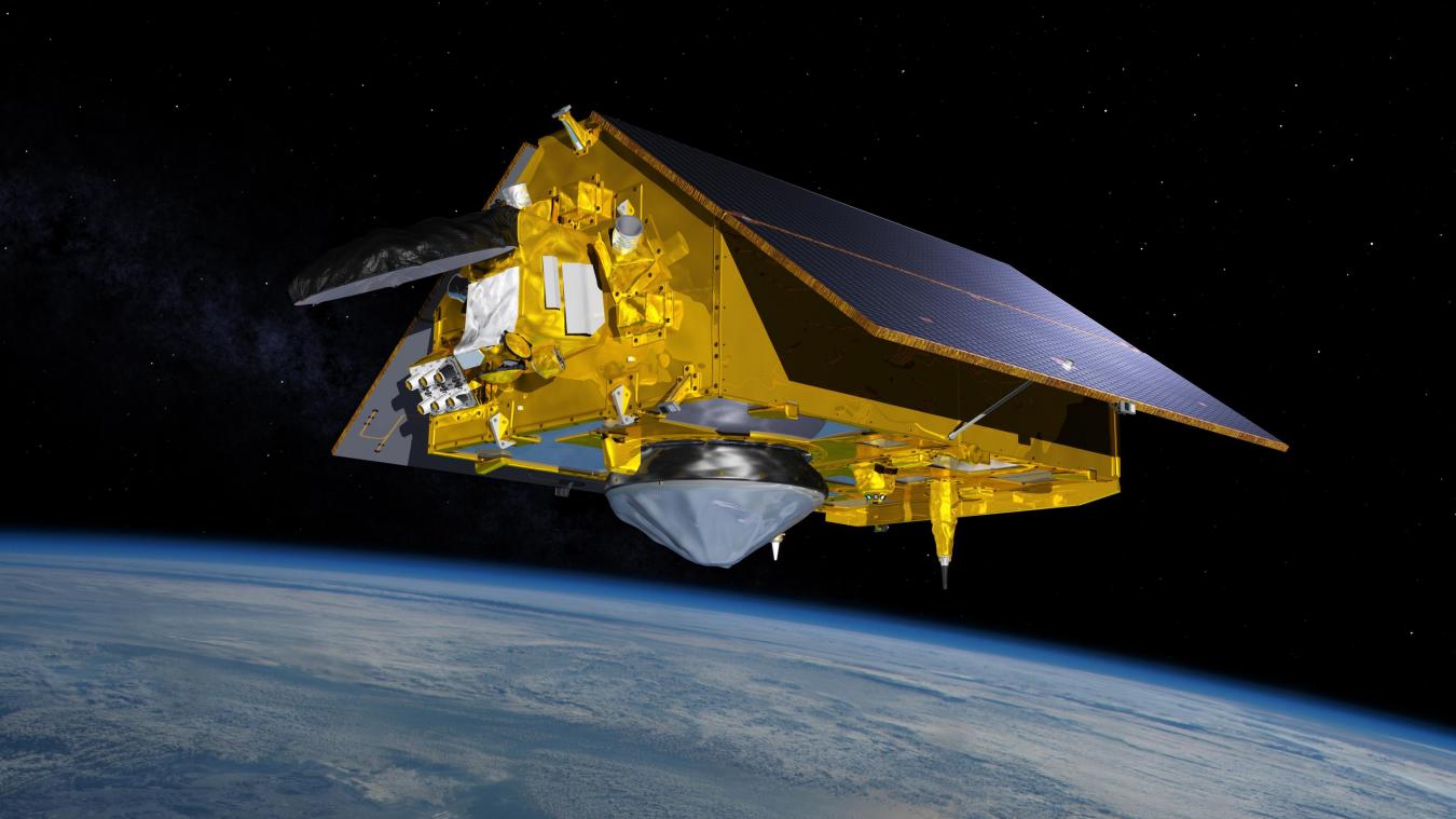 <p>Der Erdbeobachtungssatellit Sentinel-6 Michael Freilich schwebt mit ausgefahrenen Solarpaneelen im Orbit über der Erde (undatierte Illustration).</p>