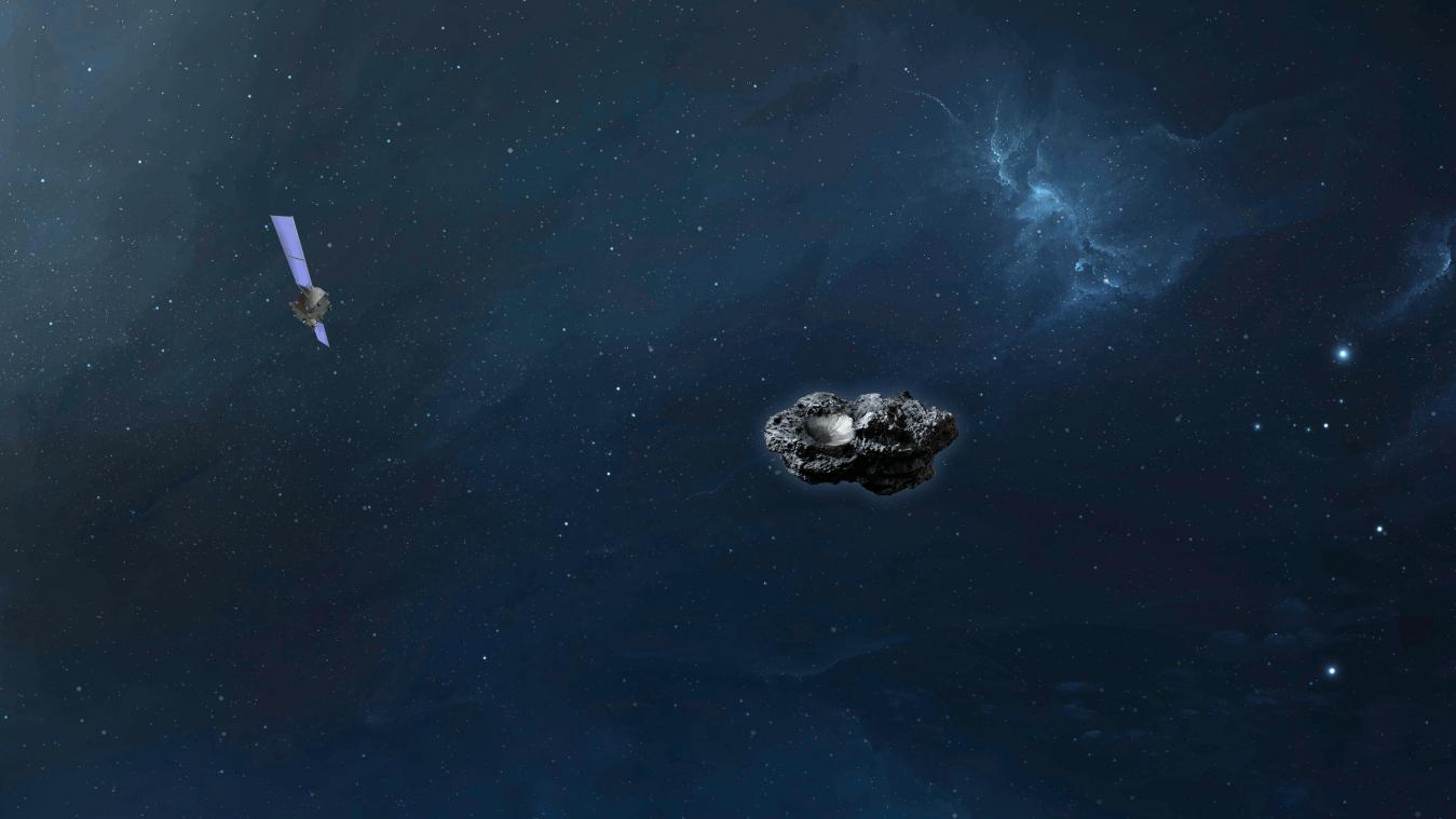 <p>Die Computersimulation zeigt die Sonde „Hera“ im Anflug auf den Asteroiden Didymoon.</p>
