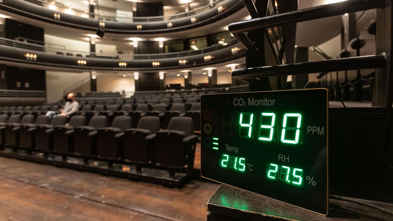 <p>Ein CO2-Messgerät im Saal des flämischen Theaters KVS in Brüssel.</p>