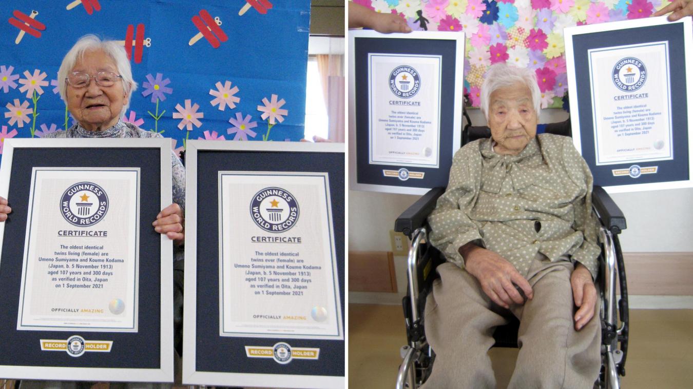 <p>Diese Kombination aus zwei undatierten Fotos, die von Guinness World Records am Dienstag, 21. September 2021, veröffentlicht wurde, zeigt die Schwestern Umeno Sumiyama und Koume Kodama in verschiedenen Pflegeheimen auf der Insel Shodoshima und in der Präfektur Oita, Japan.</p>