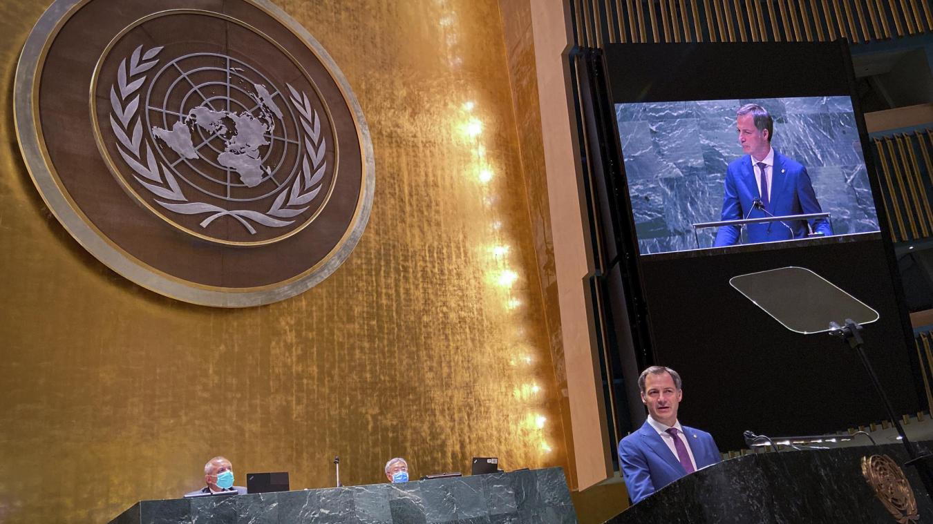 <p>Premierminister Alexander De Croo am Rednerpult während der UN-Generalversammlung</p>