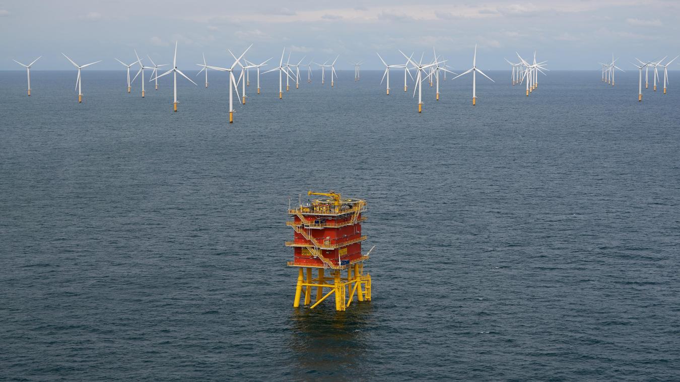 <p>Offshore-Windpark mit MOG-Plattform (im Vordergrund), die die Leistung der Anlagen bündelt, vor der belgischen Küste. Unser Land will seine Windkapazität in der Nordsee verdoppeln.</p>