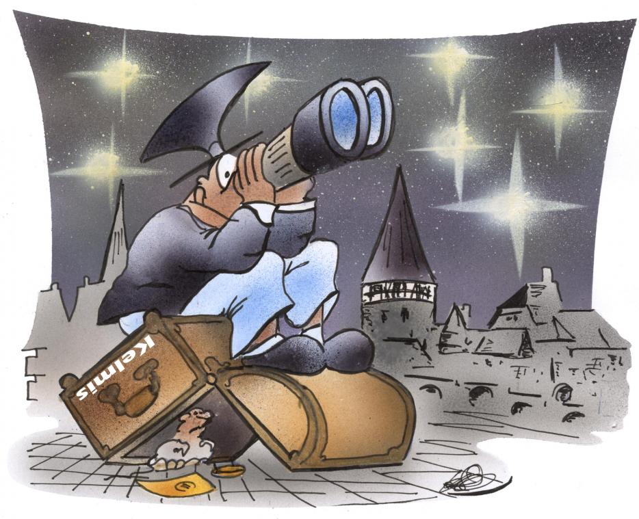 <p>Die Ecolo-Fraktion schenkte Luc Frank ein Fernglas, damit er die aus ihrer Sicht fehlende, politische Weitsicht an den Tag legen kann. Heinrich Schwarze-Blanke betitelt seine Karikatur folgendermaßen: „Der Blick in die Sterne. Was kommt 2022 auf Kelmis zu?“</p>
