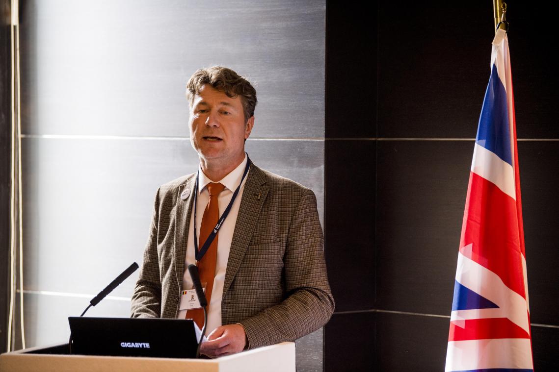 <p>Fevia-Chef Bart Buysse während eines hochrangigen Seminars über den britisch-belgischen Handel mit Lebensmitteln und Getränken am ersten Tag einer Wirtschaftsmission in das Vereinigte Königreich.</p>