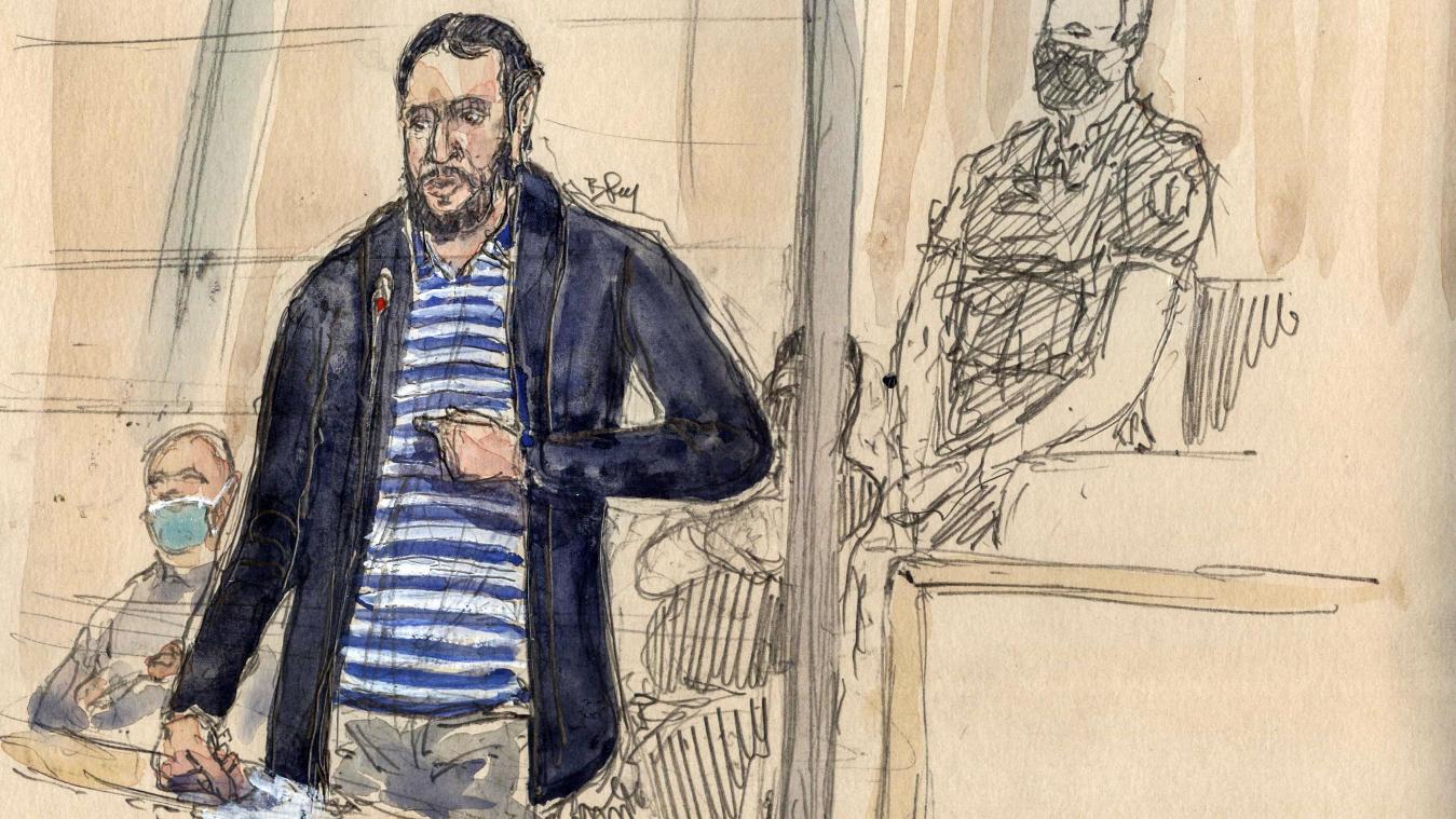 <p>Gerichtsskizze von Salah Abdeslam während der Verhandlung in Paris.</p>