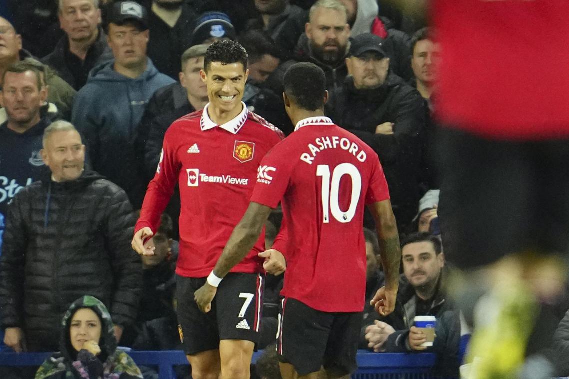 <p>Cristiano Ronaldo (links) von Manchester United jubelt mit seinem Teamkollegen Marcus Rashford über sein Tor zum 1:2.</p>