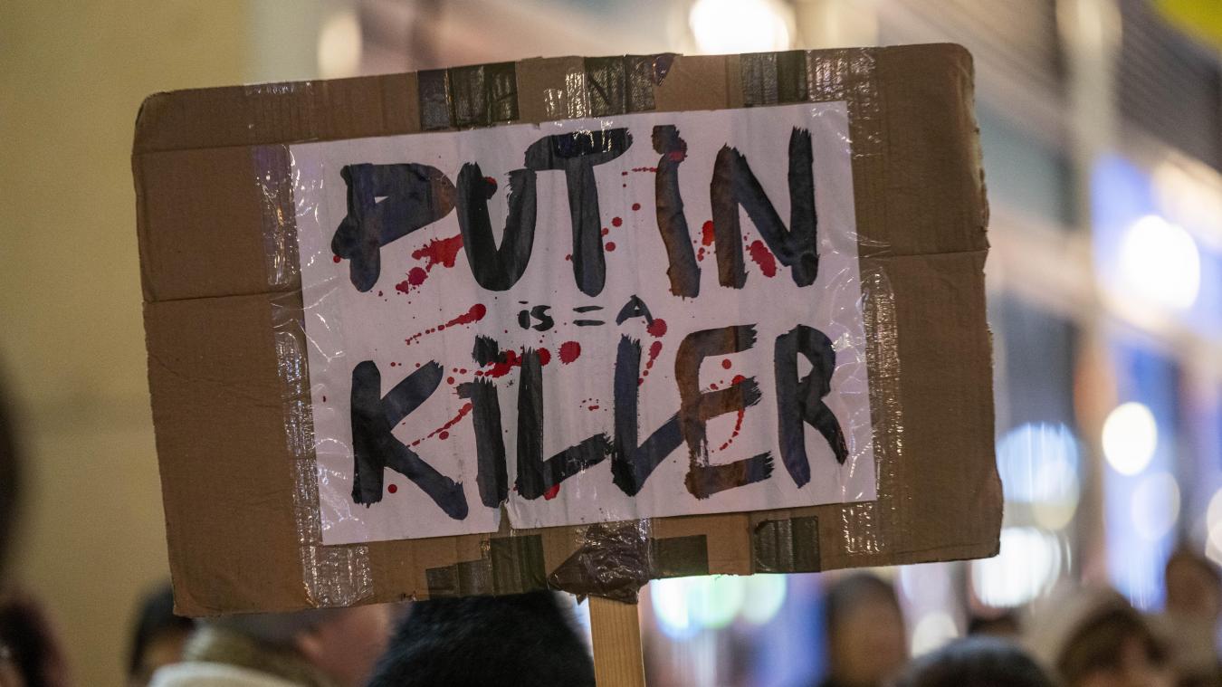 <p>Eine Teilnehmerin einer Demonstration hält ein Plakat mit der Aufschrift „Putin is a Killer“ (dt. „Putin ist ein Mörder“) hoch.</p>