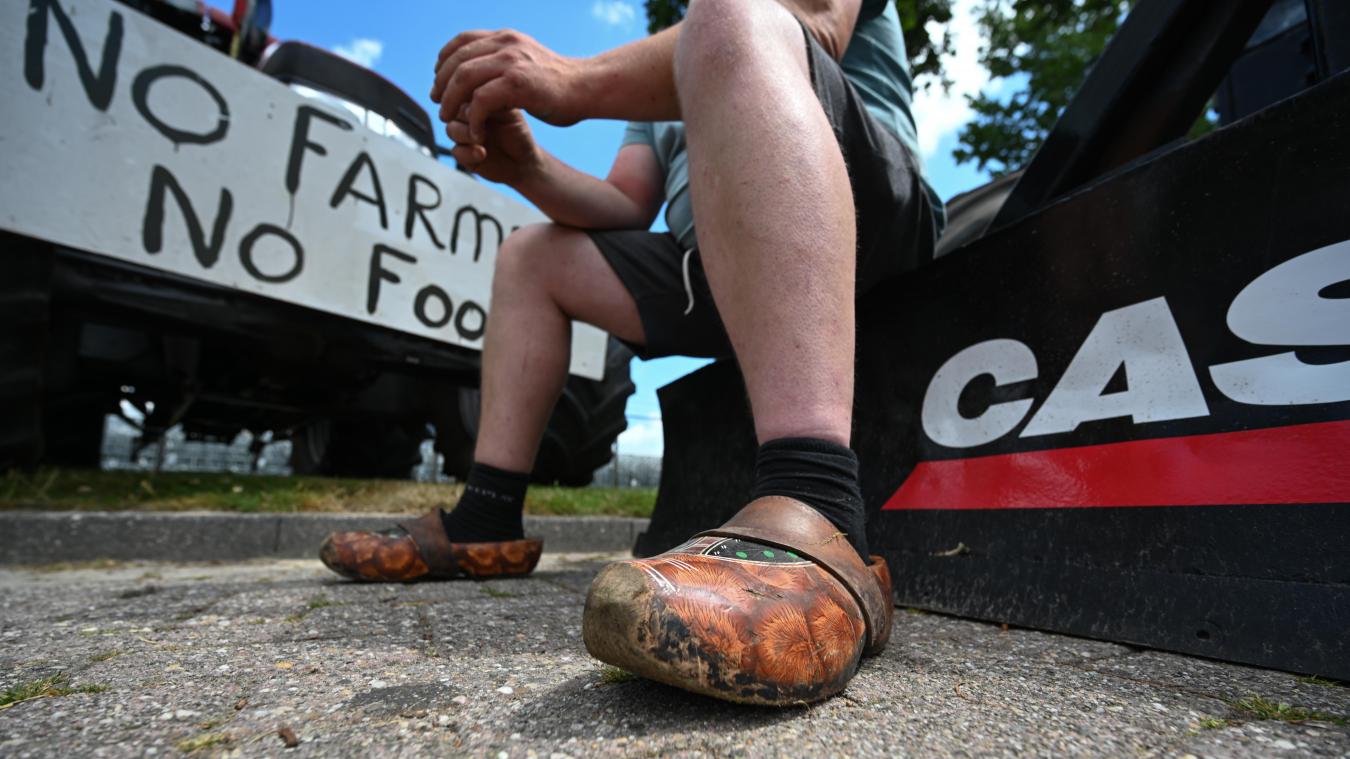 <p>Ein Bauer sitzt während eines Protests gegen geplante Umweltauflagen in traditionellen „Klompen“ vor seinen Traktor.</p>