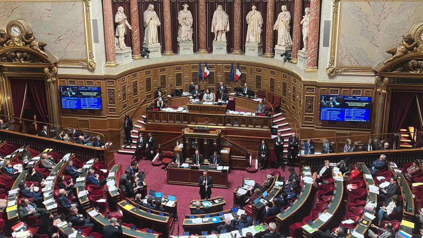 <p>Senatoren nehmen an einer Sitzung zu der Rentenreform der Regierung im französischen Senat teil.</p>