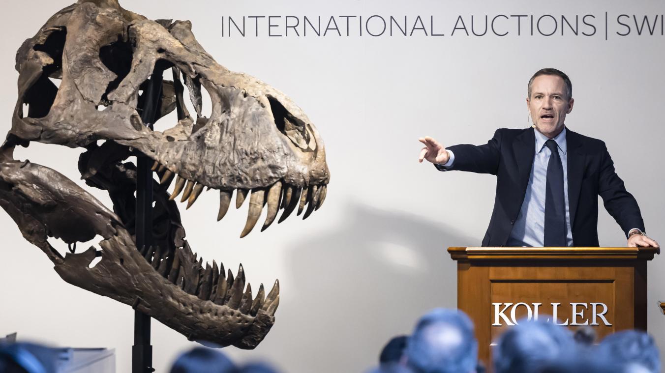 <p>Cyril Koller, Geschäftsleiter des Auktionshauses Koller, gestikuliert neben dem Kopfdes T-Rex-Skeletts während der Auktion.</p>