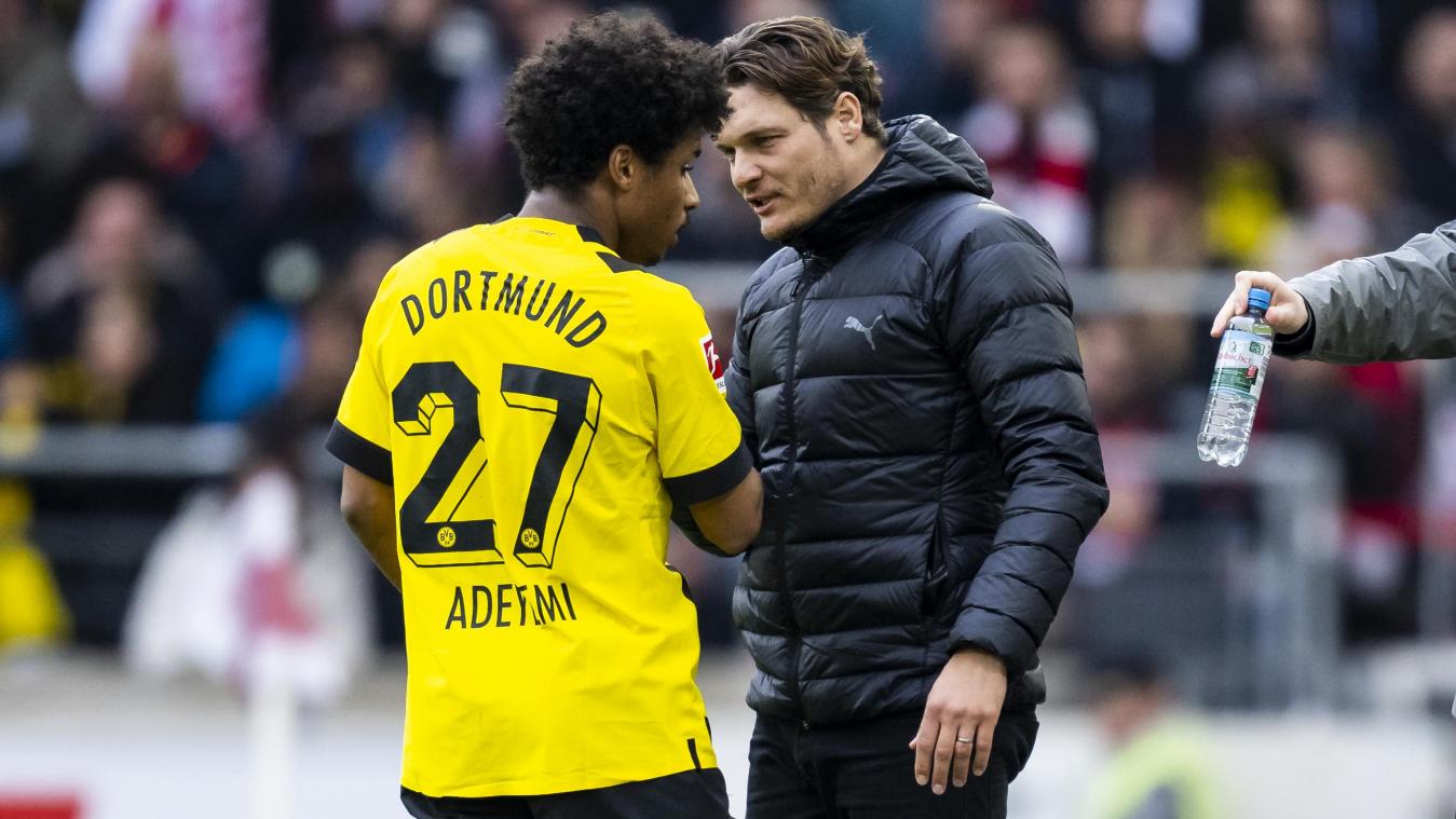 <p>Dortmunds Karim Adeyemi (links) spricht mit Dortmunds Trainer Edin Terzic.</p>