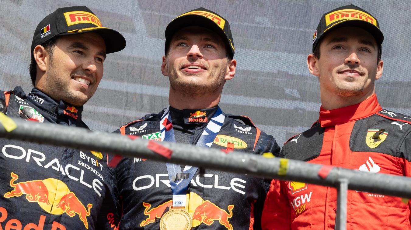 <p>Hatten auf dem Podium Grund zum Strahlen: die Red Bull-Fahrer Sergio Perez und Max Verstappen sowie Ferrari-Pilot Charles Leclerc (v.l.n.r.).</p>