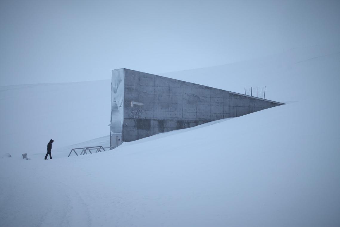<p>Der Eingang zum globalen Saatguttresor auf Spitzbergen ragt in der Nähe des Polarstädtchens Longyearbyen aus der verschneiten Berglandschaft empor.</p>
