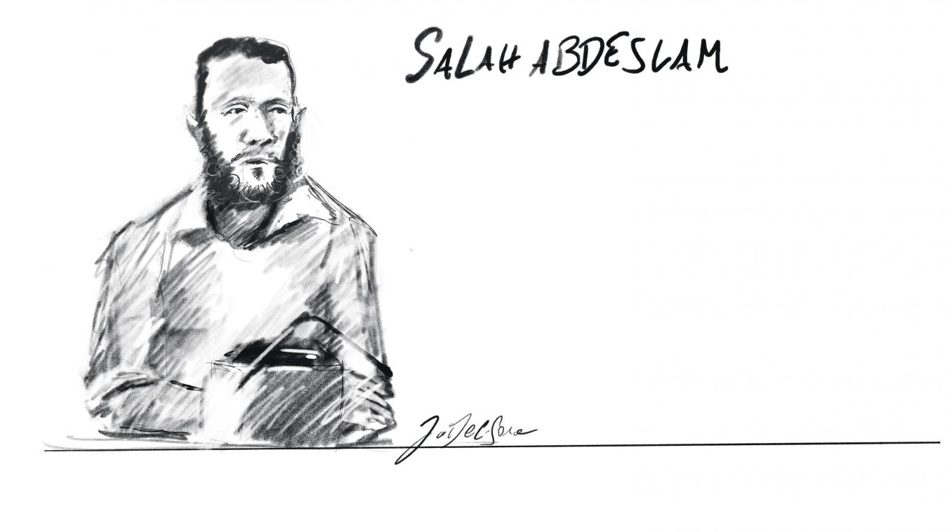 <p>Die Gerichtszeichnung von JonathanDe Cesare zeigt Salah Abdeslam bei den Verhandlungen in Brüsselim September 2023.</p>