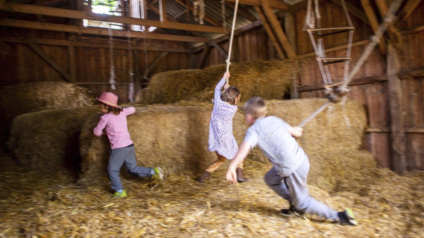 <p>Kinder spielen auf dem Heuboden eines Bauernhofs.</p>