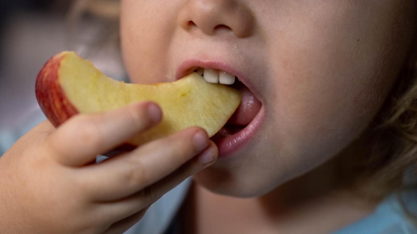 <p>Ein Kind isst ein Stück Apfel von einem Teller mit Snacks. Gelangweilte Kinder futtern mehr - viel mehr, wie eine Studie zeigt.</p>