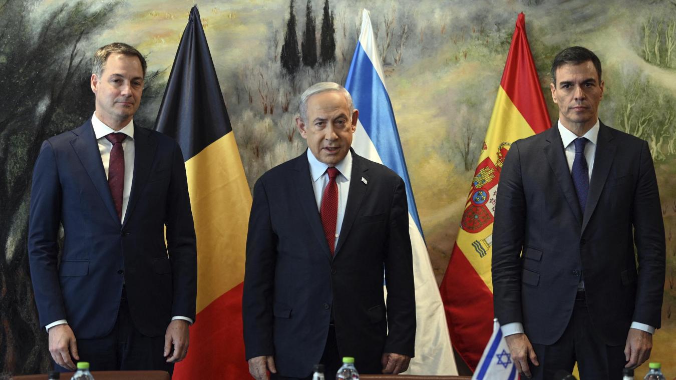 <p>Premierminister Alexander De Croo mit seinen Amtskollegen Benjamin Netanjahu und Pedro Sánchez am Donnerstag in Jerusalem</p>