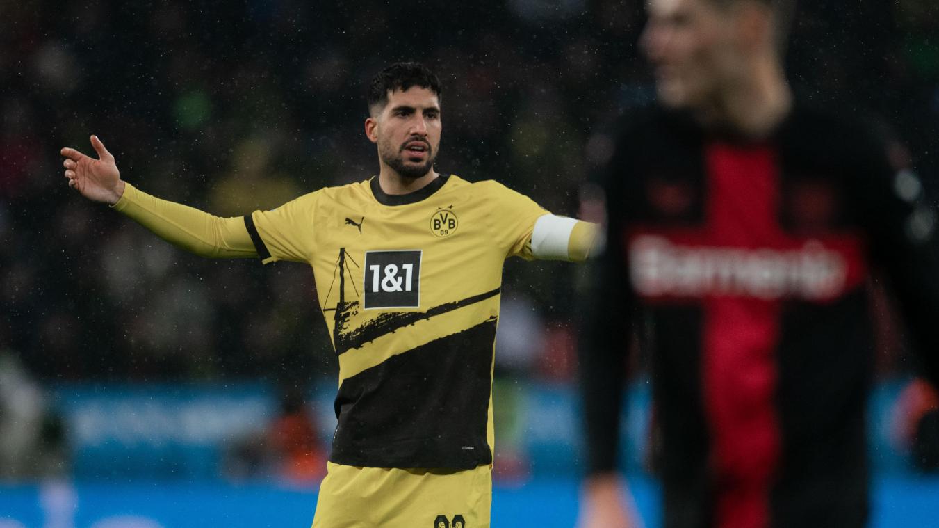 <p>Dortmunds Emre Can reagiert während der Partie gegen Leverkusen (1:1).</p>