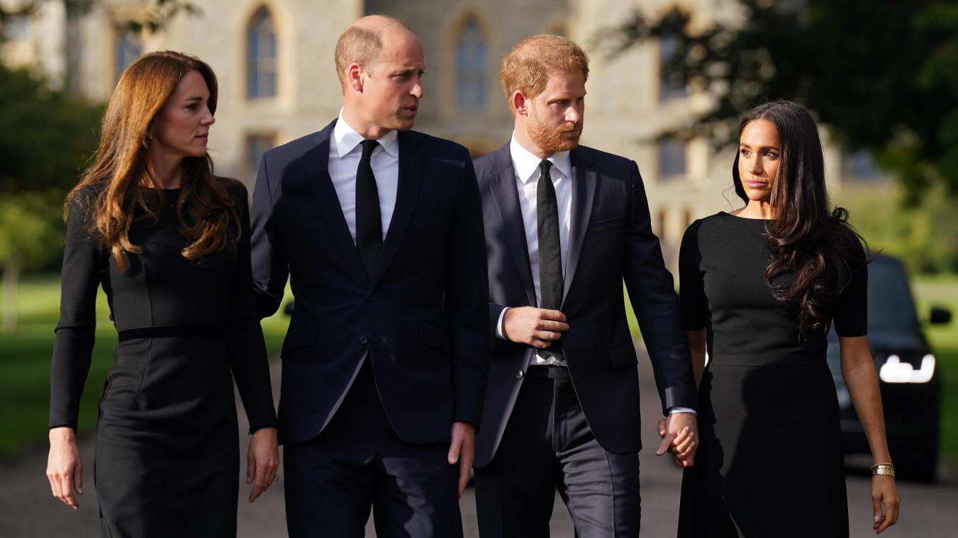 <p>Ein seltener Schnappschuss: Kate (v.l.n.r.), Prinzessin von Wales, William, Prinz von Wales, Prinz Harry, Herzog von Sussex, und seine Frau Meghan, Herzogin von Sussex, gemeinsam auf einem Bild.</p>