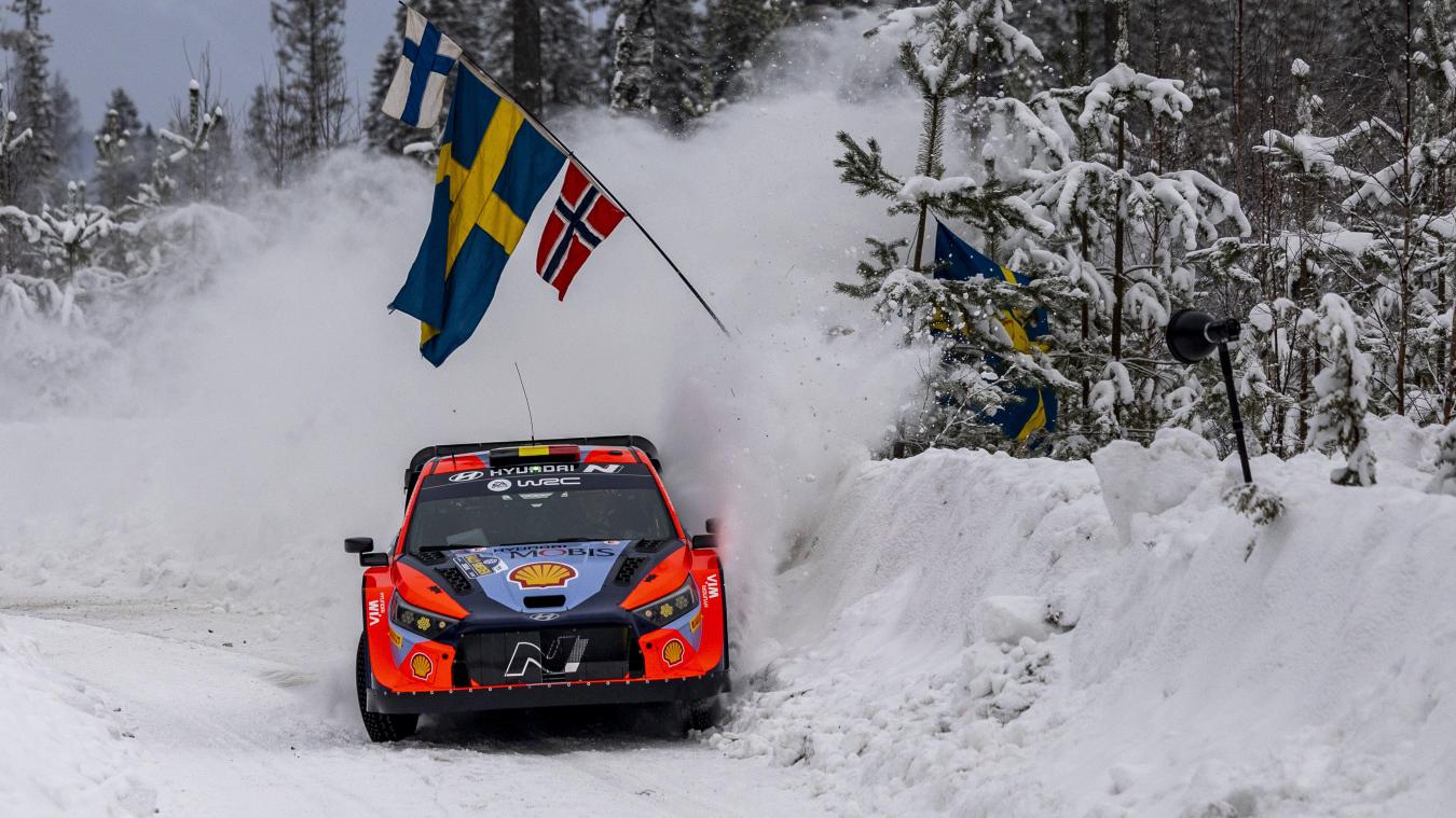 <p>Thierry Neuville (Hyundai) beim Shakedown der Schweden-Rallye.</p>