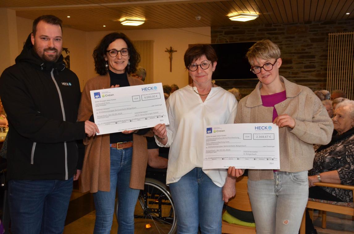 <p>Christianne Heck und Raphael Bodarwé (Heck) sowie Melanie Knips (IG) übergeben der Leiterin der Animationsgruppe, Elisabeth Töller-Schoffers (2.v.r.), großzügige Spenden.</p>