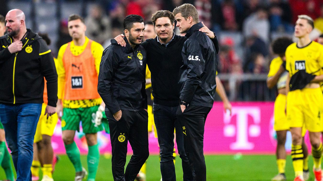<p>Ein Erfolg für die Ruhe: Dortmunds Trainer Edin Terzic (Mitte) umarmt nach dem Sieg in München seine AssistentenSven Bender (r.) und Nuri Sahin (l.). Ein Sieg über Stuttgart könnteseine Position weiter stärken.</p>